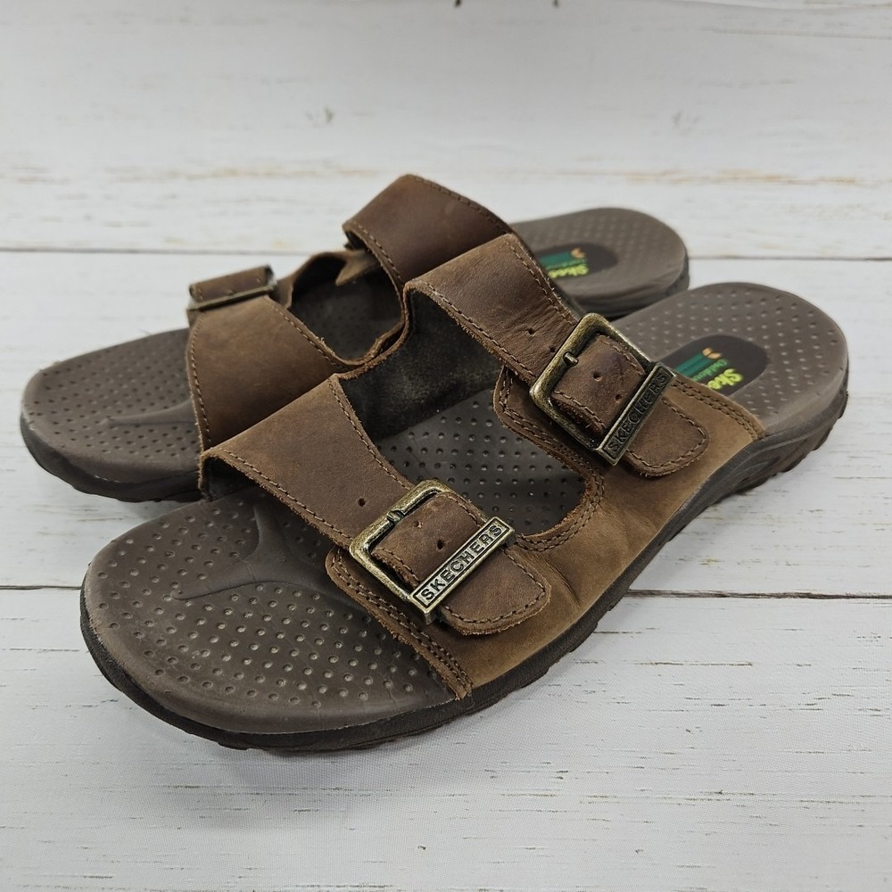 Skechers Reggae Jammin Womens 8 Brown Leather Slip On Buckle Slide Sandals 46795